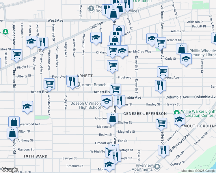 map of restaurants, bars, coffee shops, grocery stores, and more near 141 Lenox Street in Rochester