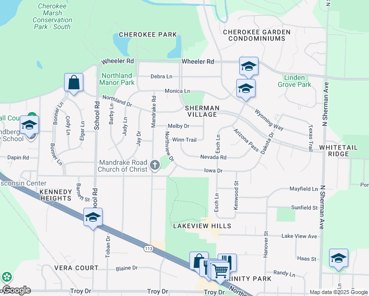 map of restaurants, bars, coffee shops, grocery stores, and more near 1217 Winn Trail in Madison
