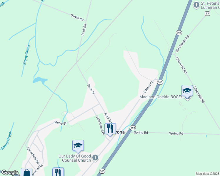 map of restaurants, bars, coffee shops, grocery stores, and more near 5800 Rock Road in Verona