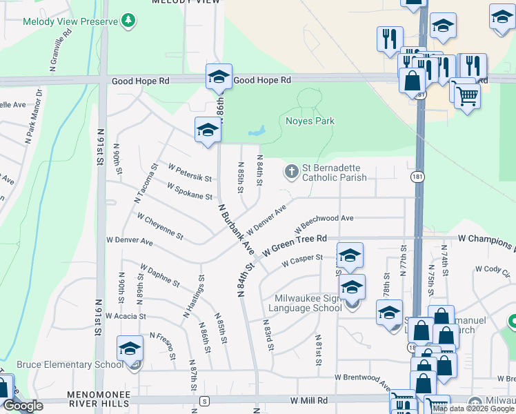 map of restaurants, bars, coffee shops, grocery stores, and more near 8417 West Cheyenne Street in Milwaukee