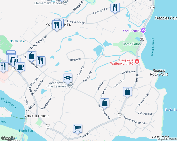 map of restaurants, bars, coffee shops, grocery stores, and more near 40 Eldredge Road in York