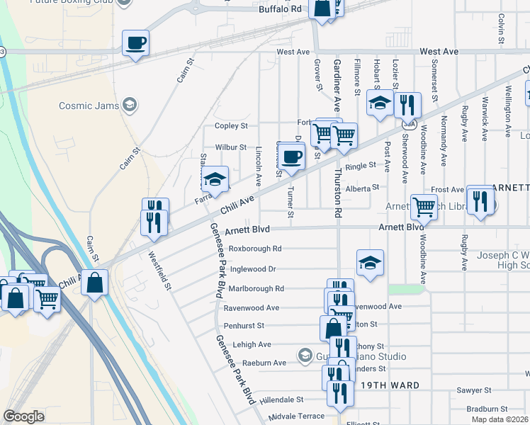 map of restaurants, bars, coffee shops, grocery stores, and more near 149 Devonshire Court in Rochester