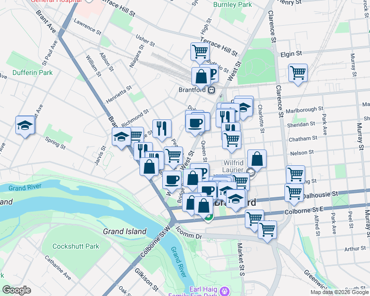 map of restaurants, bars, coffee shops, grocery stores, and more near 70 West Street in Brantford