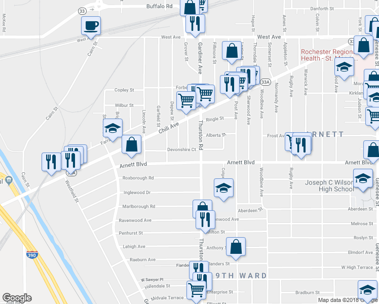 map of restaurants, bars, coffee shops, grocery stores, and more near 31 Devonshire Court in Rochester