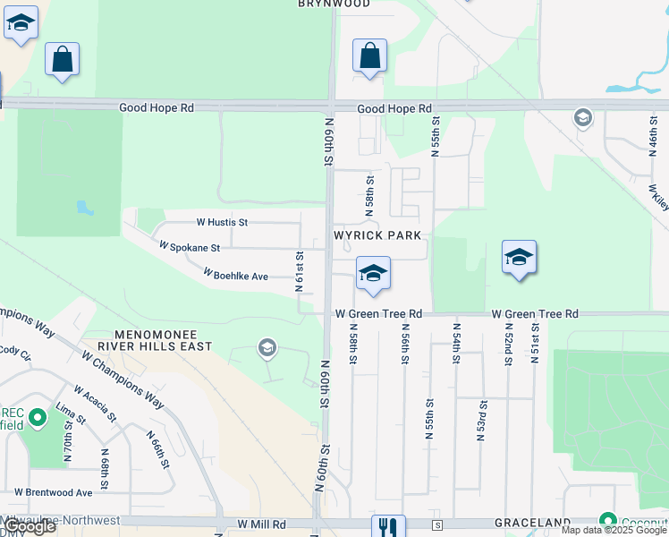 map of restaurants, bars, coffee shops, grocery stores, and more near 5826 West Boehlke Avenue in Milwaukee