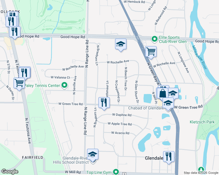 map of restaurants, bars, coffee shops, grocery stores, and more near 6900 North Bethmaur Lane in Glendale