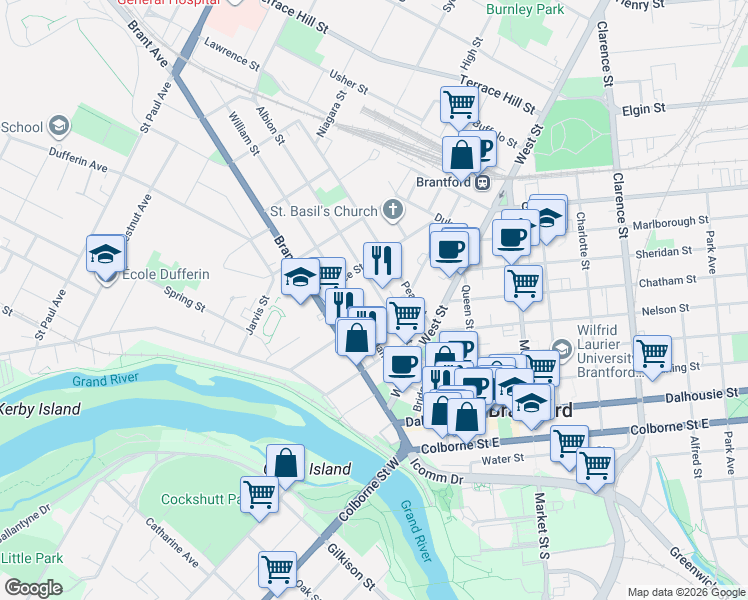 map of restaurants, bars, coffee shops, grocery stores, and more near 44 Albion Street in Brantford