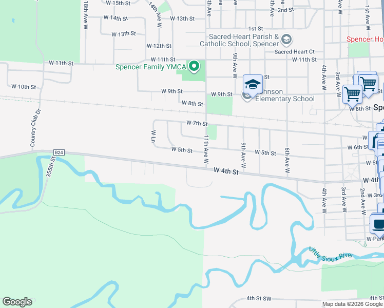 map of restaurants, bars, coffee shops, grocery stores, and more near 1124 West 5th Street in Spencer