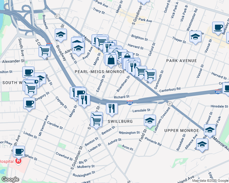 map of restaurants, bars, coffee shops, grocery stores, and more near 29 Rising Place in Rochester