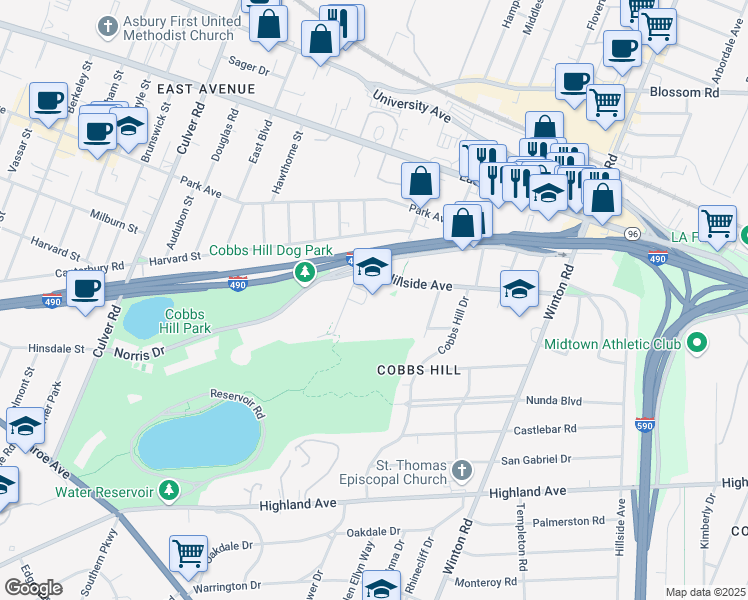 map of restaurants, bars, coffee shops, grocery stores, and more near 9 Hillside Avenue in Rochester