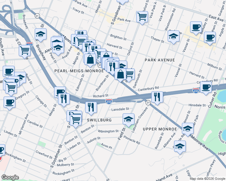 map of restaurants, bars, coffee shops, grocery stores, and more near 18 Sumner Park in Rochester