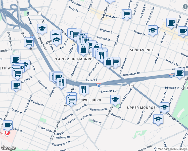map of restaurants, bars, coffee shops, grocery stores, and more near 94 Boardman Street in Rochester