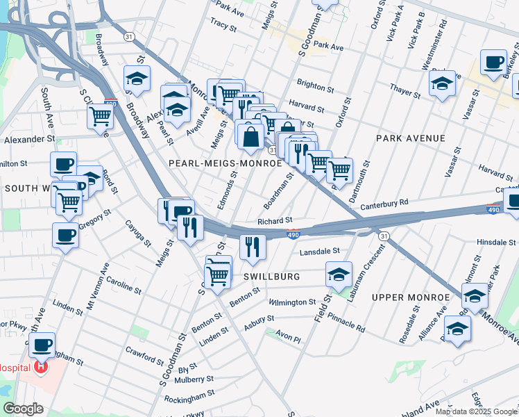 map of restaurants, bars, coffee shops, grocery stores, and more near 29 Rising Place in Rochester