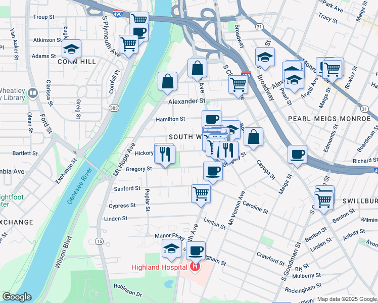 map of restaurants, bars, coffee shops, grocery stores, and more near 78 Hickory Street in Rochester
