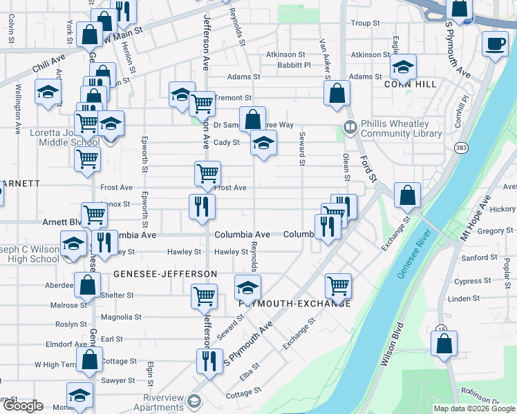 map of restaurants, bars, coffee shops, grocery stores, and more near 114.5 Bartlett Street in Rochester