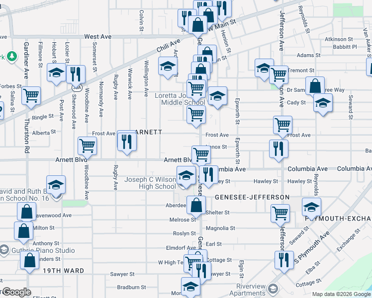 map of restaurants, bars, coffee shops, grocery stores, and more near 141 Lenox Street in Rochester