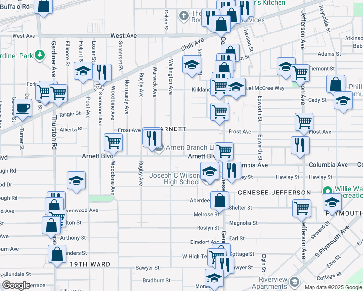 map of restaurants, bars, coffee shops, grocery stores, and more near 299 Kenwood Avenue in Rochester