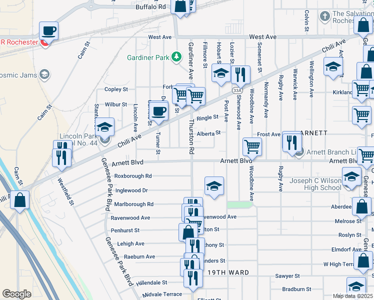 map of restaurants, bars, coffee shops, grocery stores, and more near 31 Devonshire Court in Rochester