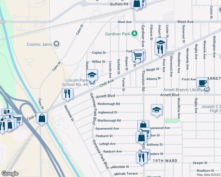 map of restaurants, bars, coffee shops, grocery stores, and more near 765 Chili Avenue in Rochester