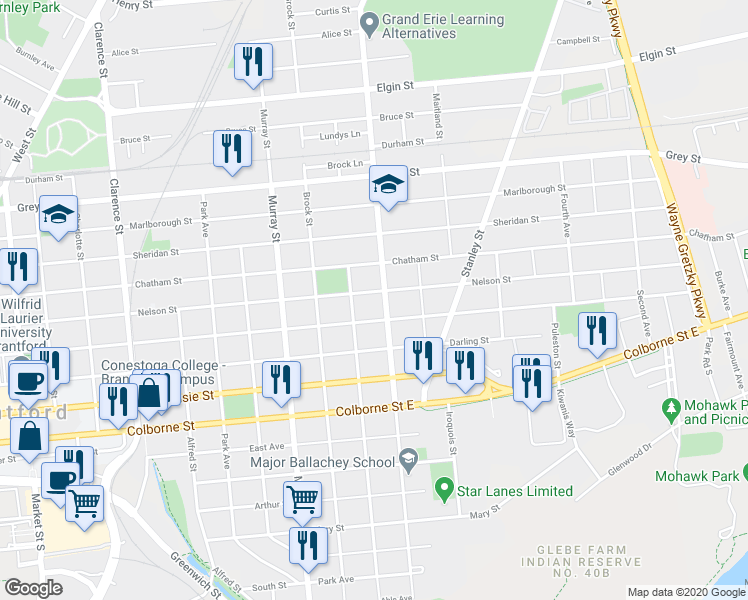 map of restaurants, bars, coffee shops, grocery stores, and more near 281 Nelson Street in Brantford