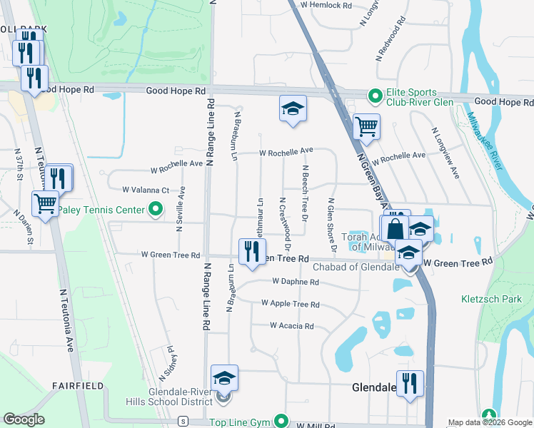 map of restaurants, bars, coffee shops, grocery stores, and more near 6900 North Bethmaur Lane in Glendale