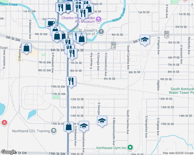 map of restaurants, bars, coffee shops, grocery stores, and more near 246 9th Street Southeast in Mason City