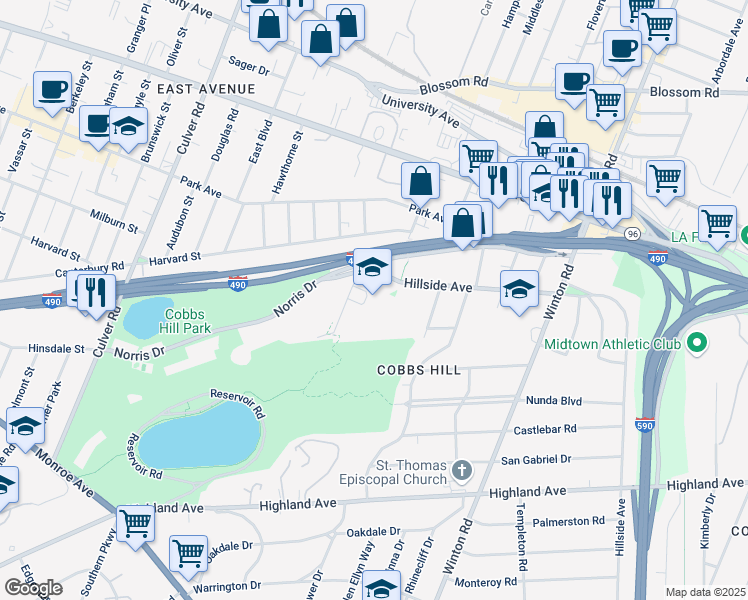map of restaurants, bars, coffee shops, grocery stores, and more near 85 Hillside Avenue in Rochester