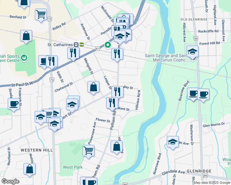 map of restaurants, bars, coffee shops, grocery stores, and more near 54 Pelham Road in St. Catharines