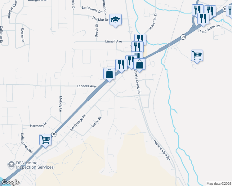 map of restaurants, bars, coffee shops, grocery stores, and more near 4903 Southwest Grange Road in Roseburg