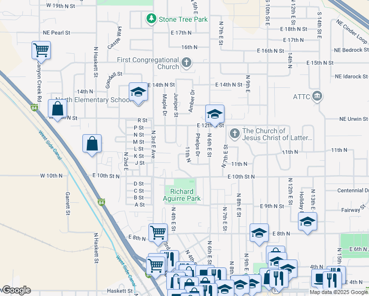map of restaurants, bars, coffee shops, grocery stores, and more near 1135 Phelps Circle in Mountain Home