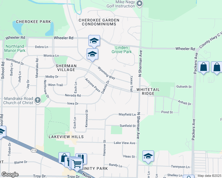 map of restaurants, bars, coffee shops, grocery stores, and more near 1609 Delaware Boulevard in Madison