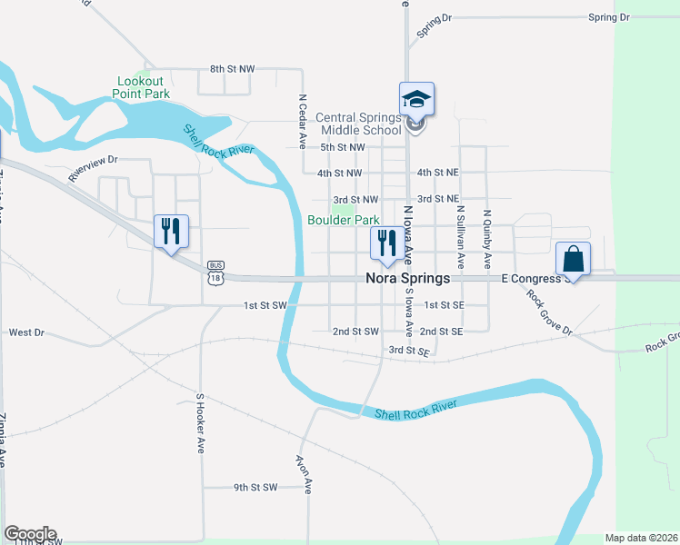 map of restaurants, bars, coffee shops, grocery stores, and more near 112 West Congress Street in Nora Springs