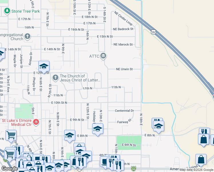 map of restaurants, bars, coffee shops, grocery stores, and more near 1101 North 14th East Street in Mountain Home