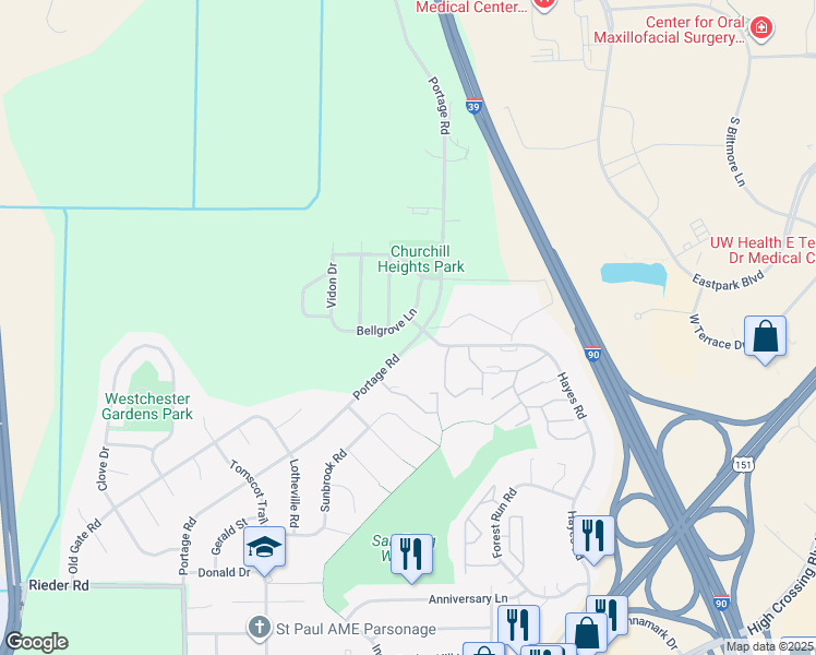 map of restaurants, bars, coffee shops, grocery stores, and more near 4401 Bellgrove Lane in Madison