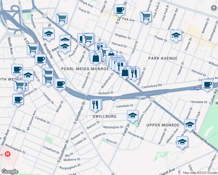 map of restaurants, bars, coffee shops, grocery stores, and more near 27 Sumner Park in Rochester