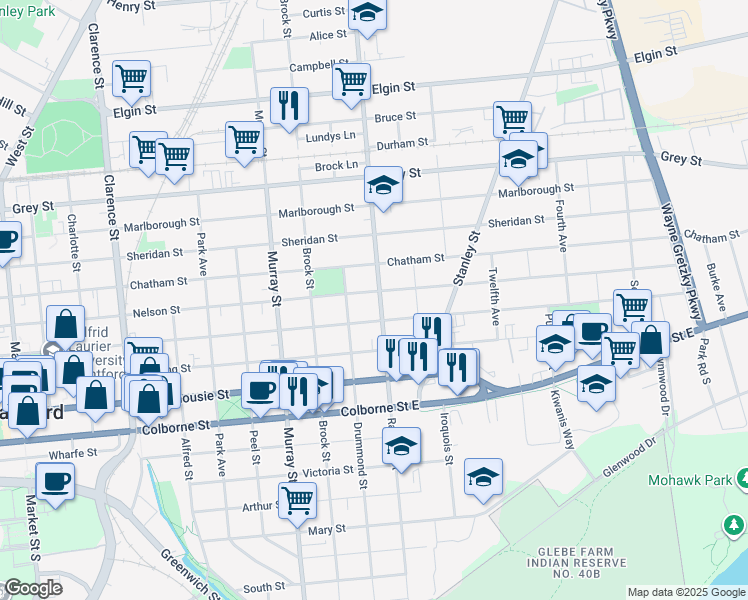 map of restaurants, bars, coffee shops, grocery stores, and more near 281 Nelson Street in Brantford