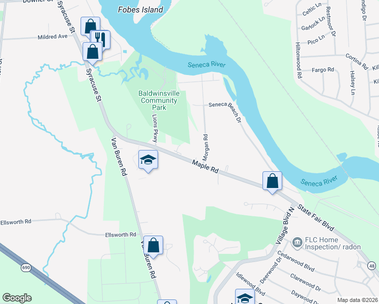 map of restaurants, bars, coffee shops, grocery stores, and more near 7692 Maple Road in Baldwinsville