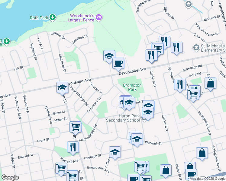 map of restaurants, bars, coffee shops, grocery stores, and more near 856 Grosvenor Street in Woodstock