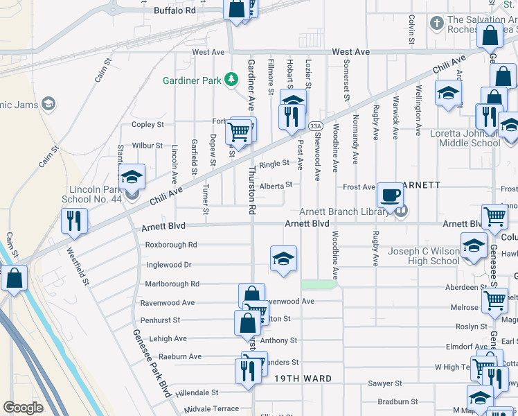 map of restaurants, bars, coffee shops, grocery stores, and more near 5 Wilton Terrace in Rochester