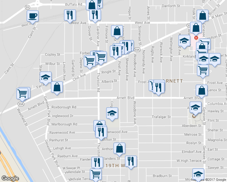 map of restaurants, bars, coffee shops, grocery stores, and more near 65 Wilton Terrace in Rochester