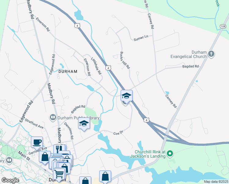 map of restaurants, bars, coffee shops, grocery stores, and more near 57 Bagdad Road in Durham