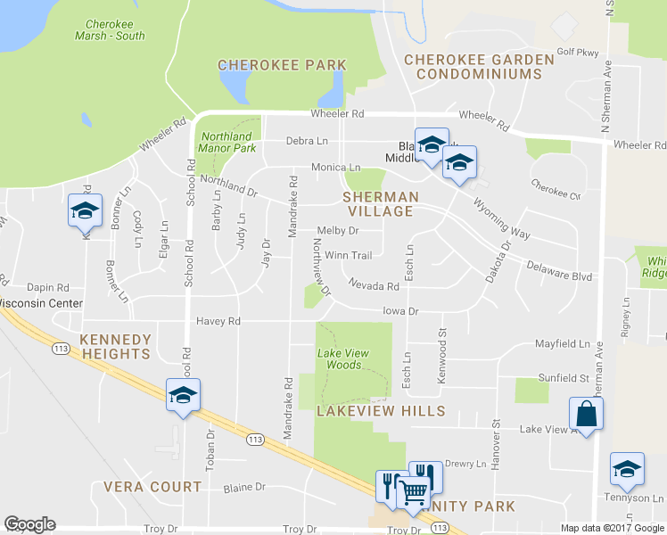 map of restaurants, bars, coffee shops, grocery stores, and more near 1205 Nevada Road in Madison