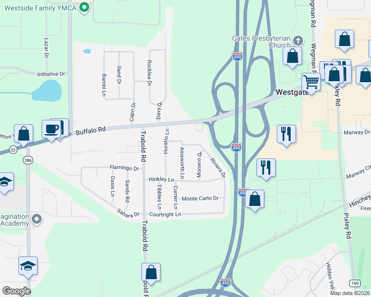 map of restaurants, bars, coffee shops, grocery stores, and more near 14 Ainsworth Lane in Rochester