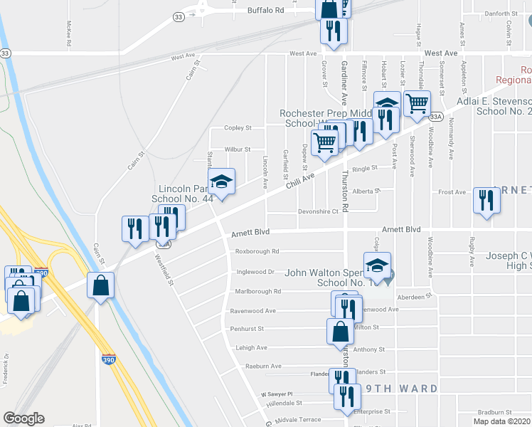 map of restaurants, bars, coffee shops, grocery stores, and more near Westgate Terrace in Rochester