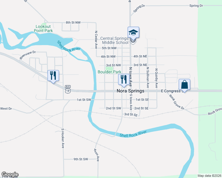 map of restaurants, bars, coffee shops, grocery stores, and more near 112 W Congress St in Nora Springs