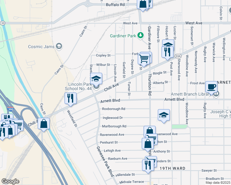 map of restaurants, bars, coffee shops, grocery stores, and more near Westgate Terrace in Rochester