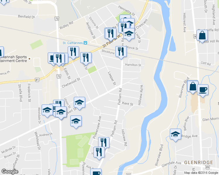 map of restaurants, bars, coffee shops, grocery stores, and more near 22 Rykert Street in St. Catharines