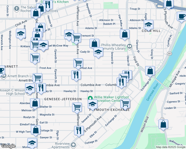 map of restaurants, bars, coffee shops, grocery stores, and more near 114 Bartlett Street in Rochester