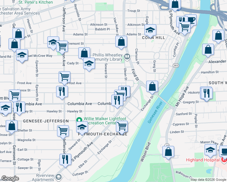 map of restaurants, bars, coffee shops, grocery stores, and more near 42 Bartlett Street in Rochester