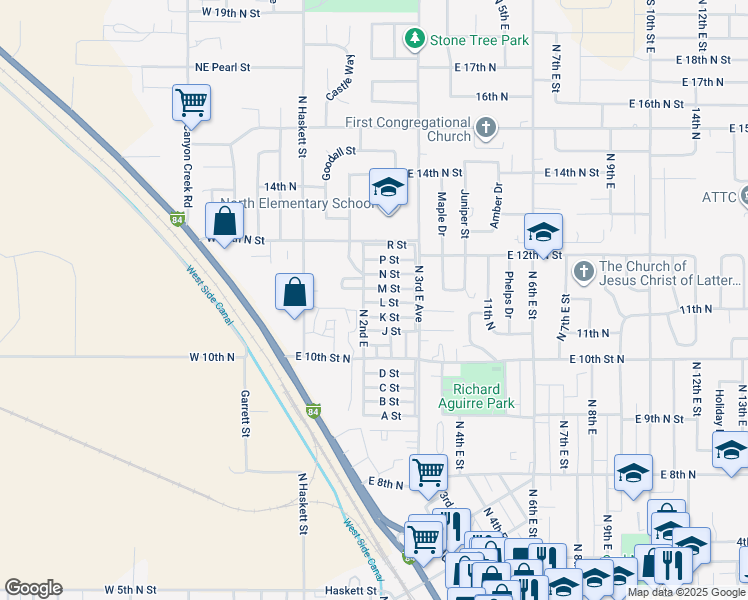 map of restaurants, bars, coffee shops, grocery stores, and more near 318 L Street in Mountain Home